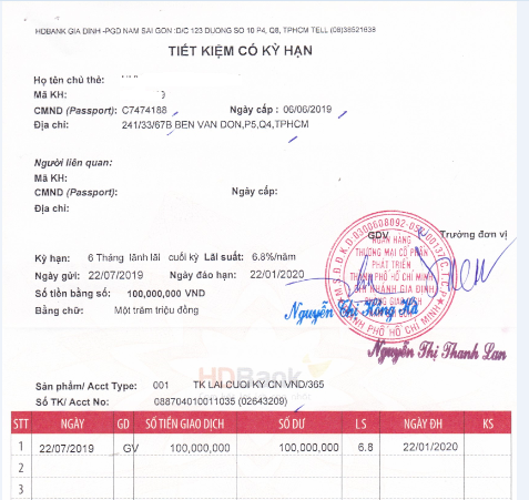 Mẫu sổ tiết kiệm ngân hàng HDBank