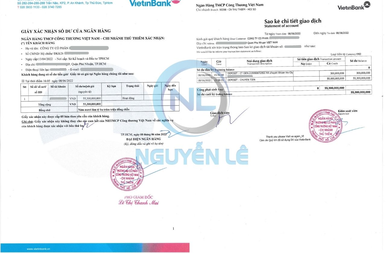 giấy xác nhận số dư doanh nghiệp của ngân hàng vietinbank