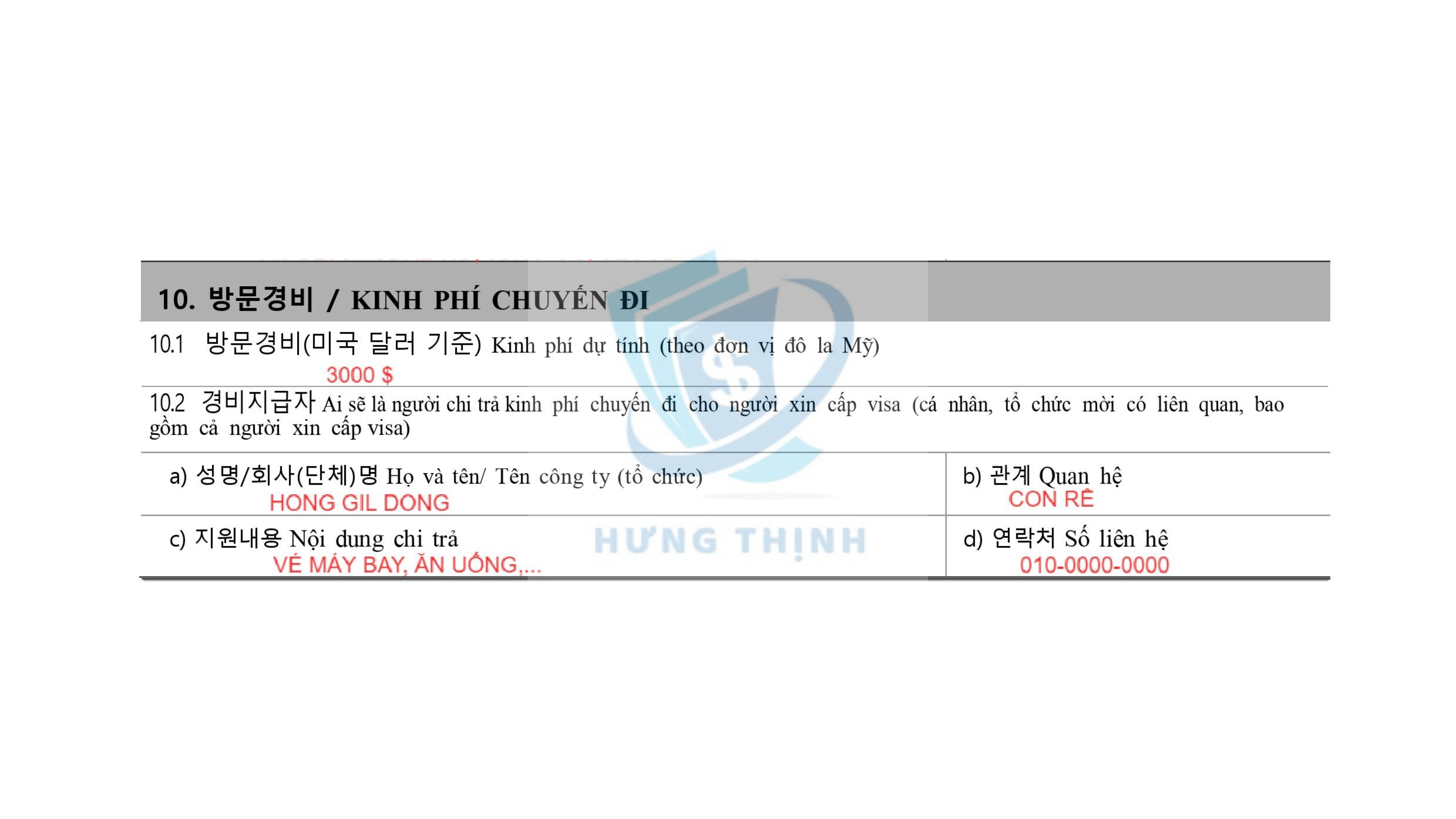 Mục 10. 방문경비 / FUNDING DETAILS / KINH PHÍ CHUYẾN ĐI