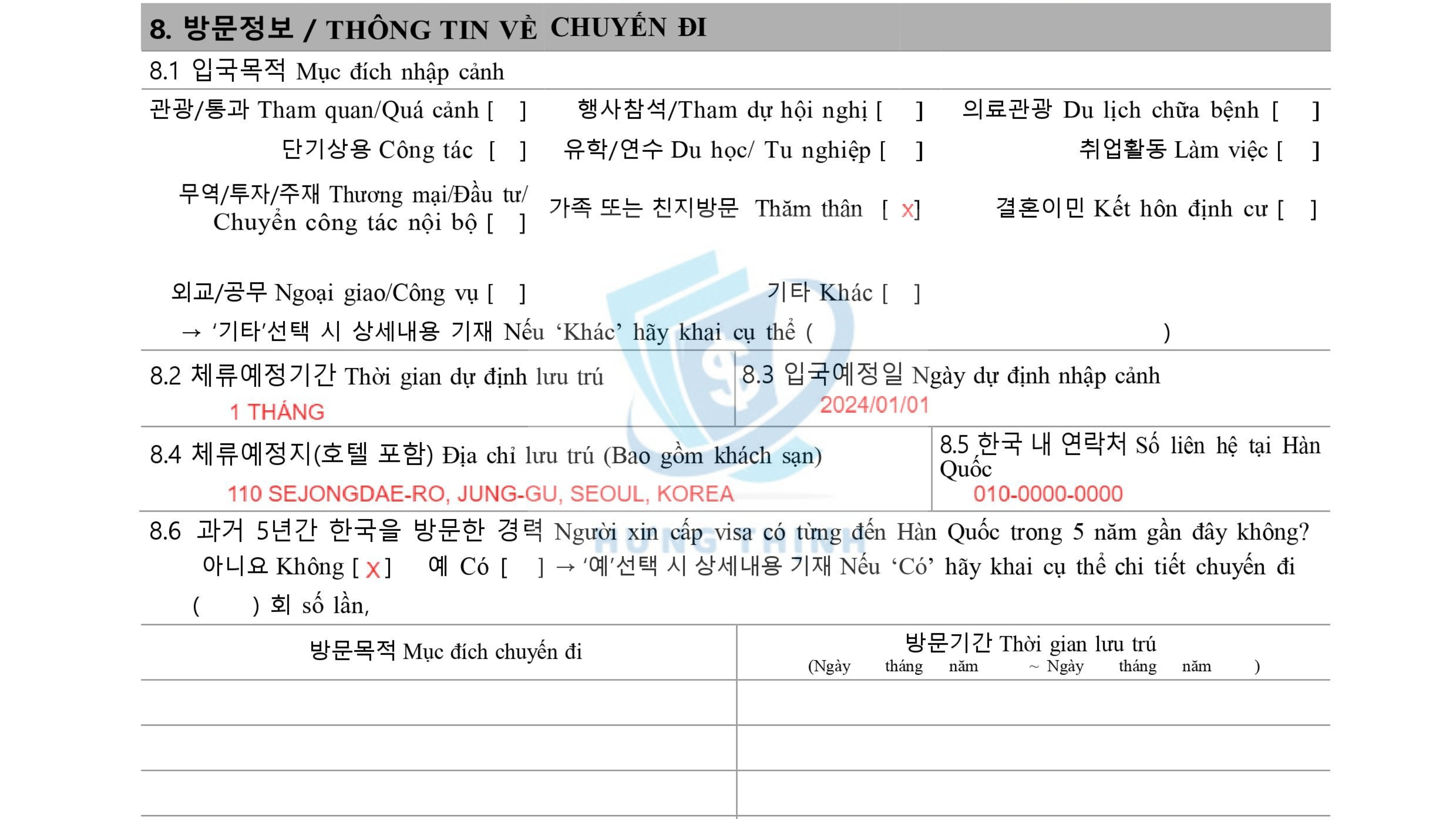 Mục 8. 방문정보 / DETAILS OF VISIT / THÔNG TIN VỀ CHUYẾN ĐI