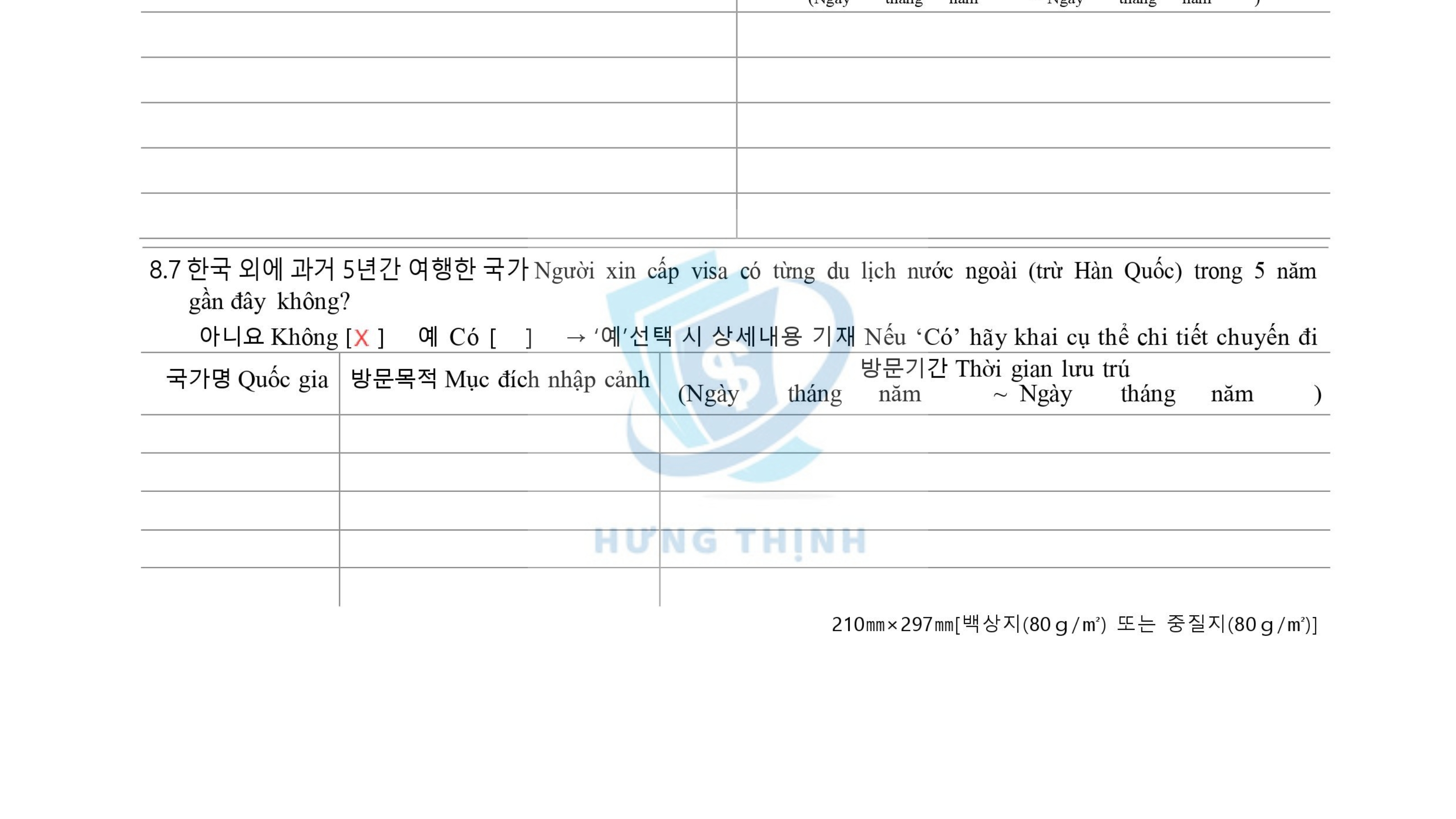 Mục 8. 방문정보 / DETAILS OF VISIT / THÔNG TIN VỀ CHUYẾN ĐI