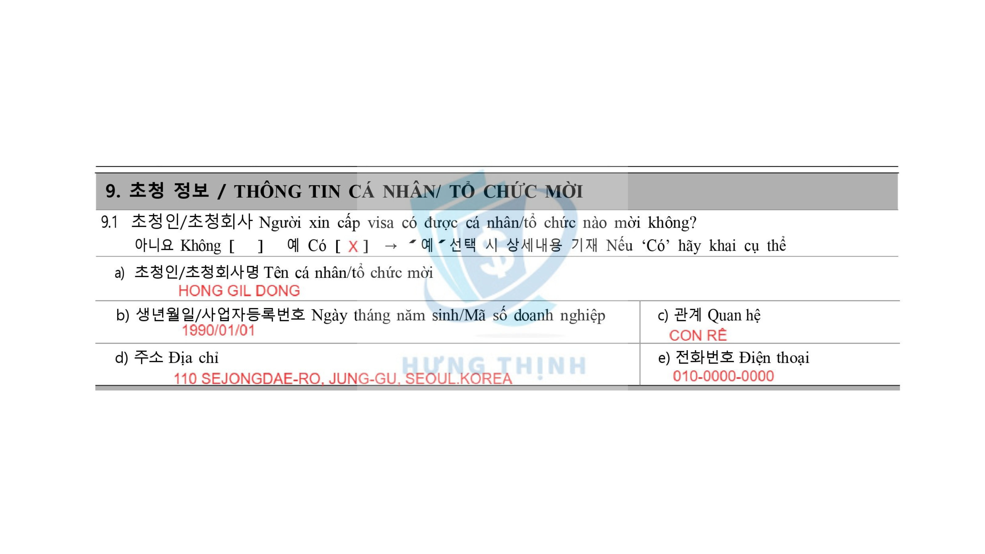 Mục 9. 초청 정보 / DETAILS OF INVITATION / THÔNG TIN CÁ NHÂN/ TỔ CHỨC MỜI