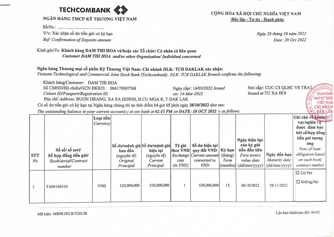 Dịch Vụ Chứng Minh Tài Chính Techcombank Trọn Gói 1000% Đậu Visa 5 Mẫu giấy xác nhận số dư tài khoản ngân hàng Techcombank.