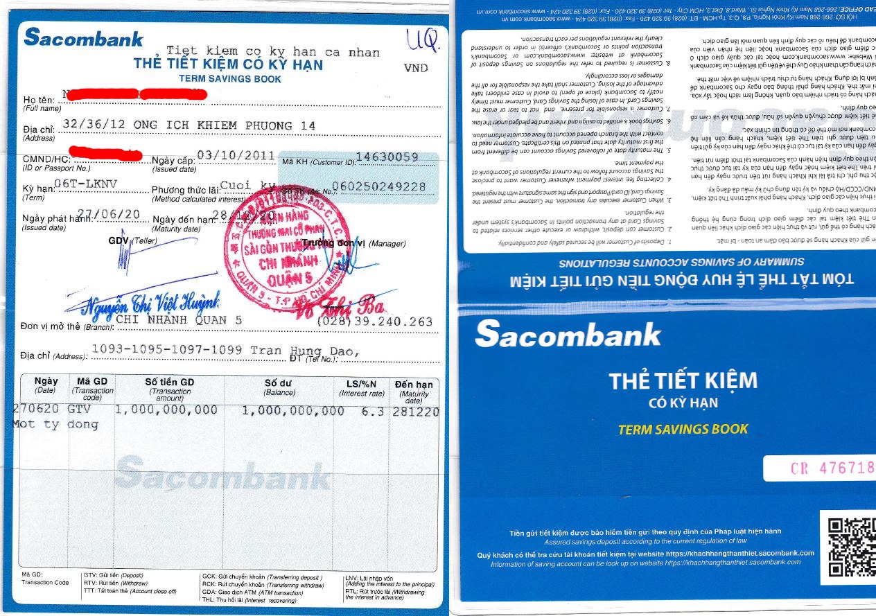Mẫu sổ tiết kiệm ngân hàng Sacombank.
