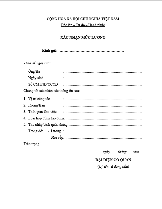 Mẫu 1 giấy xác nhận thu nhập